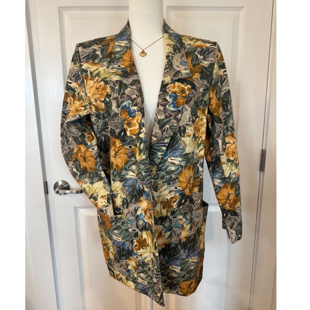 French Navy Vintage Floral Tapestry Blazer Jacket Womens Size‎ 8 Wearable Art